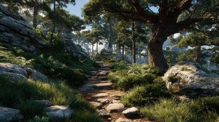 Fototapeta premium Tranquil Forest Pathway Surrounded by Lush Greenery and Rocks
