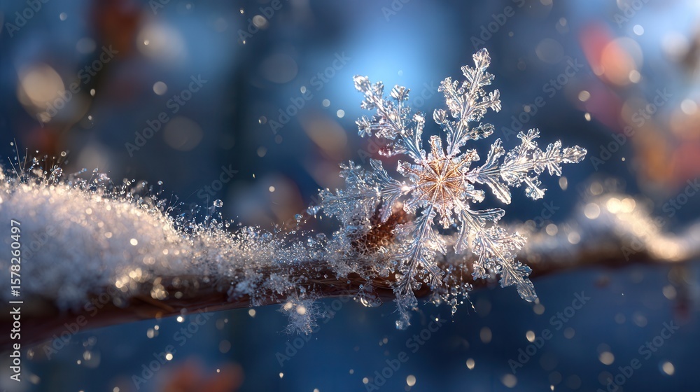 Poster beautiful snowflake on a branch surrounded by sparkling snow