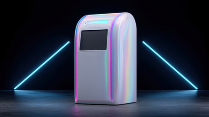 a futuristic self-ordering kiosk. The kiosk is made of iridescent, pearlescent white material and features a blank screen The background is dark and neon blue light  mockup style. 3d illustration