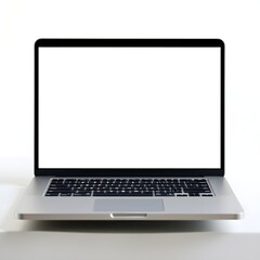 Fototapeta premium Laptop with blank screen placed on table front view indoors. A laptop computer placed on a table with a blank screen background in a simple indoor workspace setting for use.