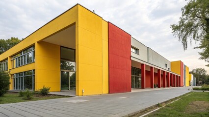 Naklejka premium Contemporary Yellow and Red Building, Modern Geometric Architecture