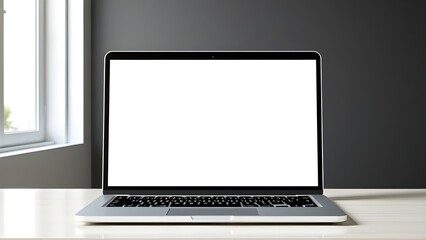 Fototapeta premium Laptop with blank screen placed on table front view indoors. A laptop computer placed on a table with a blank screen background in a simple indoor workspace setting for use.