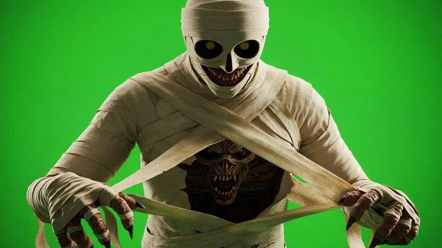 Creepy mummy figure tearing bandages on green background