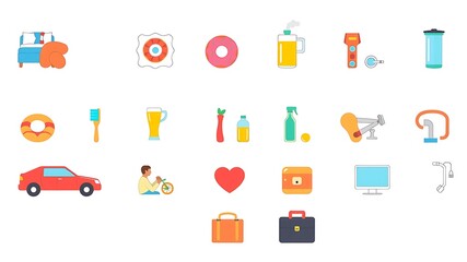 Fototapeta premium Assorted simple vector icons depicting daily life items and everyday objects isolated