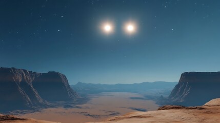 Distant canyon landscape under dual suns