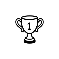 Simple black and white vector illustration of a winner trophy cup with number 1. Hand-drawn style. Ideal for sports achievements, competitions, and awards-related designs