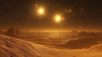 Distant celestial landscape with twin suns