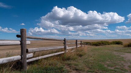 Rustic wooden fence overlooking vast prairie landscape under cloudy blue sky
