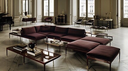 Elegant living room showcasing a luxurious velvet sectional sofa and stylish furniture arrangement