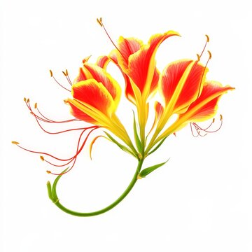 gloriosa superba flame lily vibrant red and yellow reflexed petals with vine like stems isolated on white transparent background