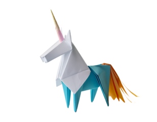 A vibrant origami unicorn gracefully stands on a transparent background, showcasing intricate paper folding artistry and vivid colors.