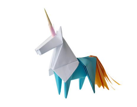 A vibrant origami unicorn gracefully stands on a transparent background, showcasing intricate paper folding artistry and vivid colors.