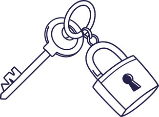 Minimal line art of a key with a padlock on a keyring symbolizing security, access, and protection, ideal for privacy, safety, business, and secure concept creative design illustrations.