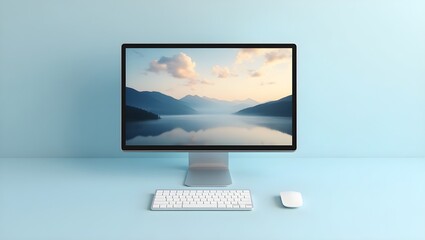 a serene and modern minimalist flat lay of a sleek desktop computer setup on a soft, pale blue background that evokes a sense of calmness. features wireless keyboard and mouse.