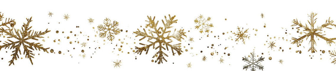 Golden snowflakes and glitter falling on a transparent background