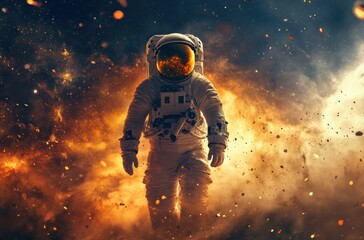 A professional portrait of an astronaut navigating a cosmic storm