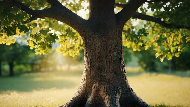 Majestic tree roots anchoring in lush green grass at sunset
