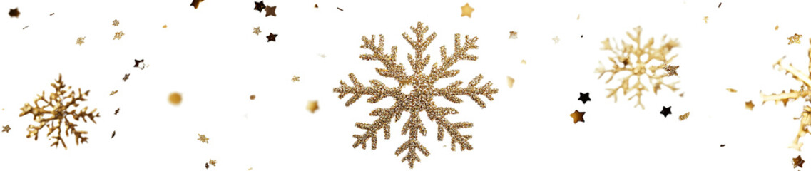 Golden snowflakes and stars scattered across a transparent background