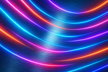 Abstract background with swirling neon light streaks in vibrant blue pink and orange hues