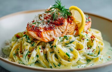 Tagliatelle Pasta with Salmon and Cream Sauce, square
