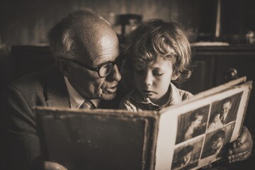 Grandfather and grandson sharing a vintage photo album.