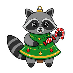 Cute raccoon wearing festive dress and holding candy cane  