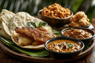 Beautifully styled studio capture of Roti Canai with sambal and creamy kacang sothi sauce