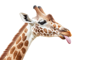 A giraffe sticks its tongue out, isolated on a transparent background