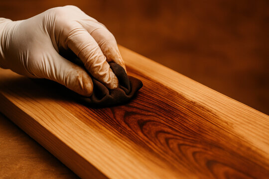 Hand in protective glove applying wood stain to wooden surface, highlighting grain and texture for furniture or flooring finish