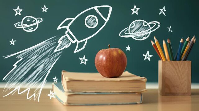Back to school composition with books apple pencils and rocket drawing