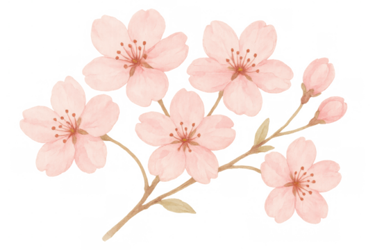 Watercolor painting of a cherry blossom branch with delicate pink flowers and buds, isolated on a transparent background
