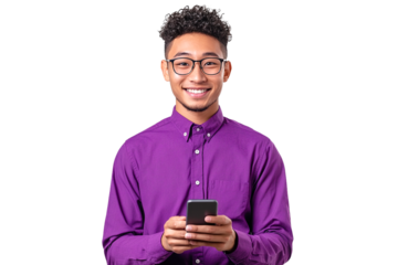 Young asian man wearing glasses and a purple shirt smiles while looking at his phone isolated on transparent background