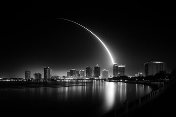 Long‑Exposure Rocket Launch Arc Over City Skyline Reflected on River at Night