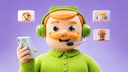 3D Cartoon Customer Support Character with Headset & Smartphone, Engaging in Digital Communication