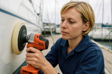 Focused woman using electric buffer to polish boat hull at marina, marine maintenance and repair, skilled worker outdoors