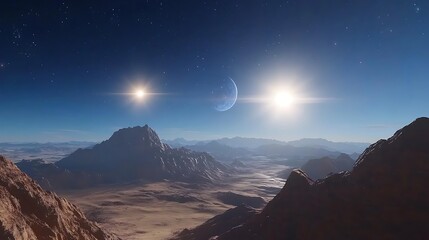 Distant worlds celestial bodies shining above mountainous landscape