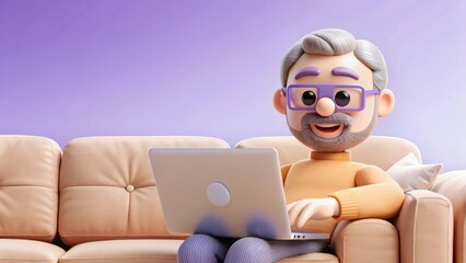 Smiling 3D cartoon man on sofa with laptop. Remote work, online learning, or home internet use concept.