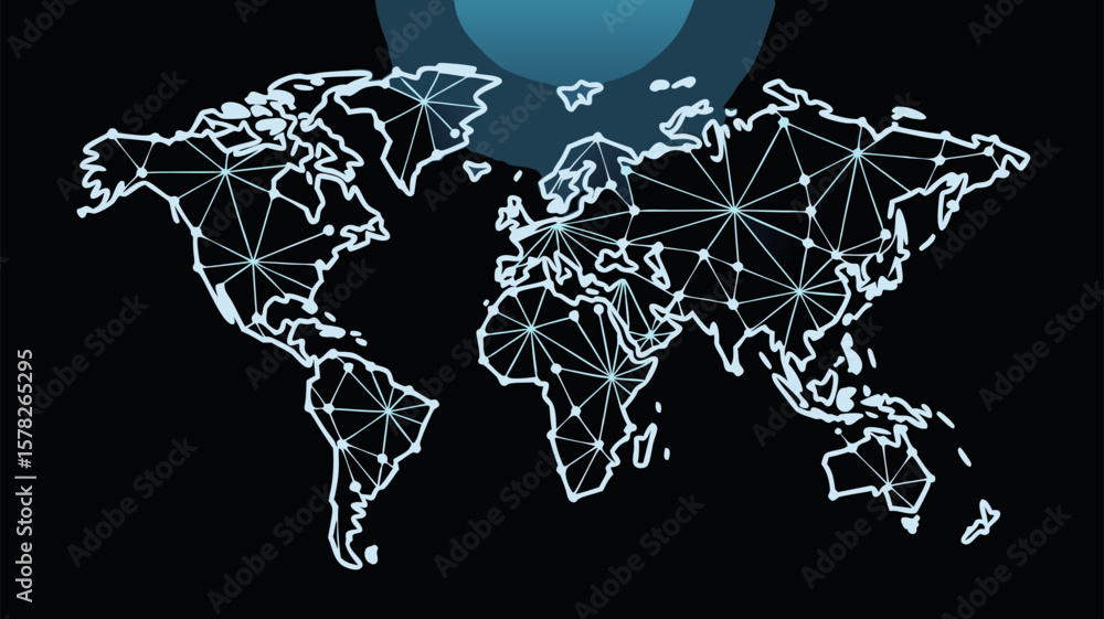 Poster minimalist world map illustration with connected lines representing global network.