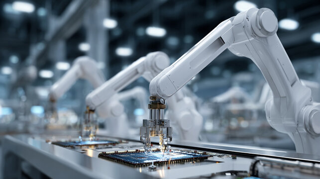 white robotic arms assembling computer chips in a hi tech factory