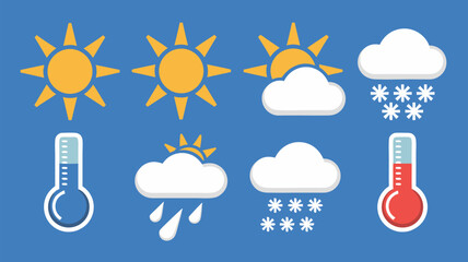 Colorful weather icons and thermometer illustrating different weather conditions on blue