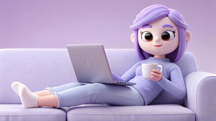 3D cartoon woman relaxing on a purple couch with laptop and mug, remote work or leisure concept illustration