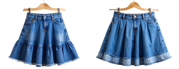   Sat of  Distressed blue denim skirt with asymmetrical ruffles, edgy streetwear look, isolated on transparent background PNG