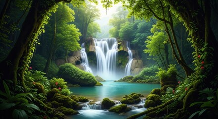 Enchanting Waterfall Paradise Lush Green Forest Nature Serenity
