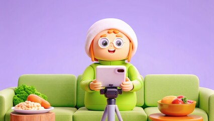 3D Cartoon Vlogger Streaming Healthy Food & Lifestyle Content on Couch
