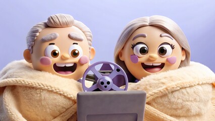 Whimsical 3D Couple Watching Film Together, Cozy Home Entertainment