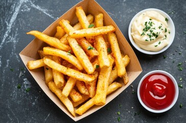 Crispy golden fries in a small paper tray, overhead angle