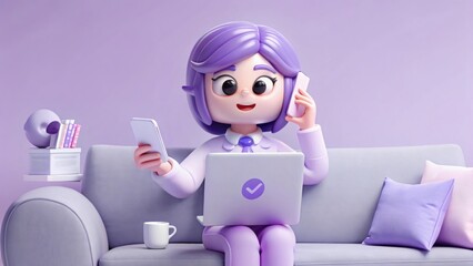 3D Cartoon Woman Multitasking with Laptop & Phones on Sofa. Remote Work & Digital Communication Concept.