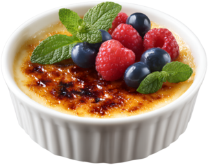 Classic Creme Brulee in White Ramekin with Berries and Mint Garnish, Transparent PNG