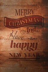 Festive wooden sign is appearing in flat design on rustic panel, with carved ribbon banner greeting