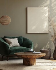 Interior design of a living room with white armchairs against a dark green planks paneling wall, contributing to the farmhouse style home design. 3D rendering, Generative AI